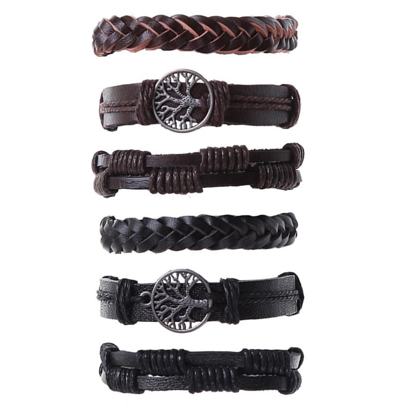 Punk 6-Piece Genuine Leather Multi-Layer Bracelet Set