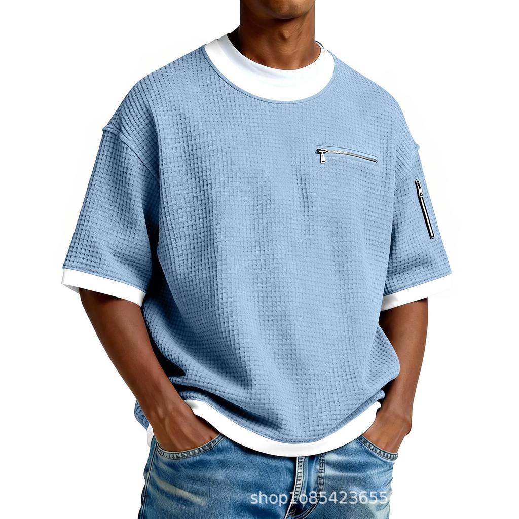 Simple Waffle-patterned Faux Two-piece Casual Short-sleeve T-shirt, Solid Color, New Men's Fashion, Color-blocking Top