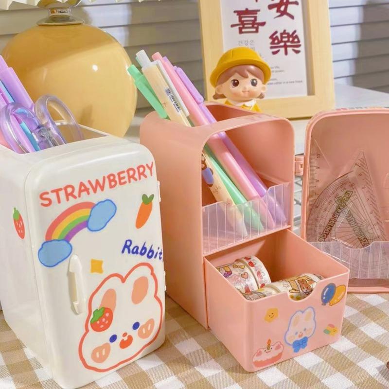 Cute Mini Refrigerator Shape Pen Holder Cartoon Girl Stationery Desktop Organizer Box Capacity Office Storage Free Stickers