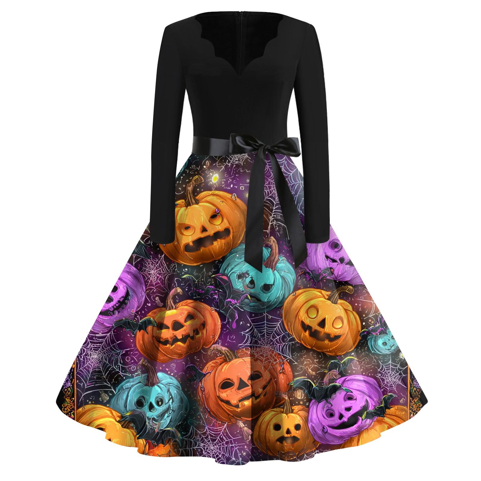 

Женское повседневное модное винтажное платье с принтом в виде V-образного выреза на Хэллоуин XL