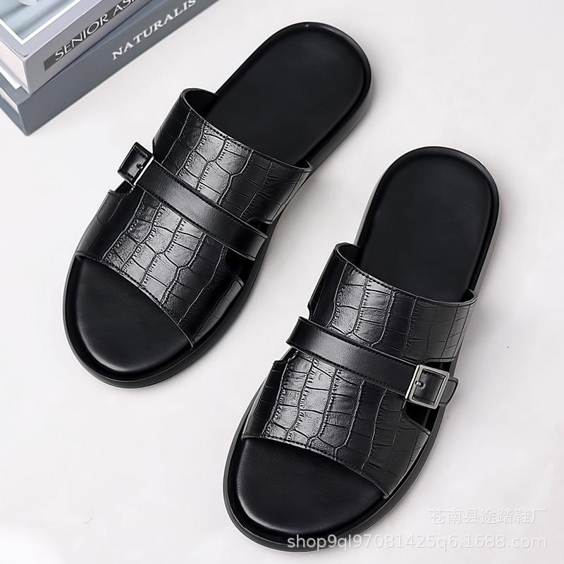 

Black Crocodile Embossed Slide Sandals Men s Buckle Strap Open Toe Casual Slippers 45 чорний