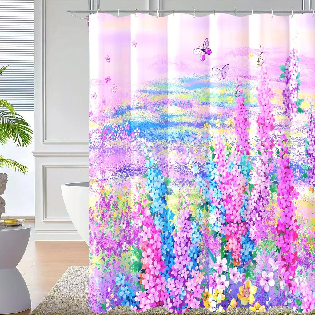 1pc Spring Pure Polyester Purple Flower Shower Curtain, Pure Polyester Fabric Shower Curtain with 12 Plastic Hooks, 182.88*182