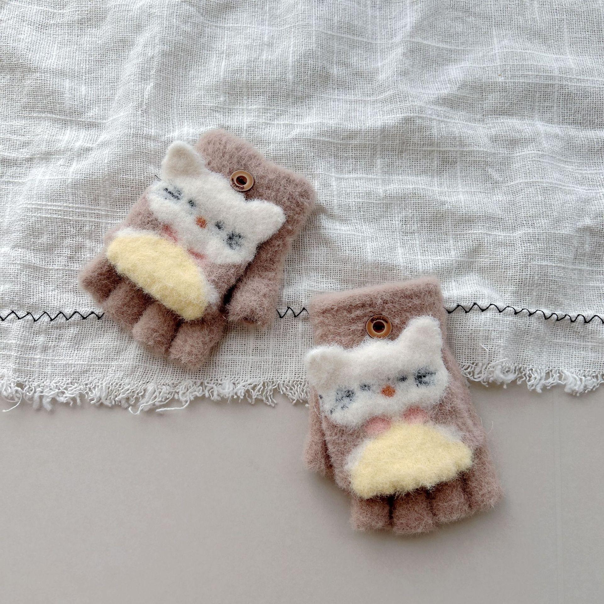 

2-7 years old cartoon female cat half finger flip gloves winter cold warm kindergarten thickened outdoor cute One Size хакі