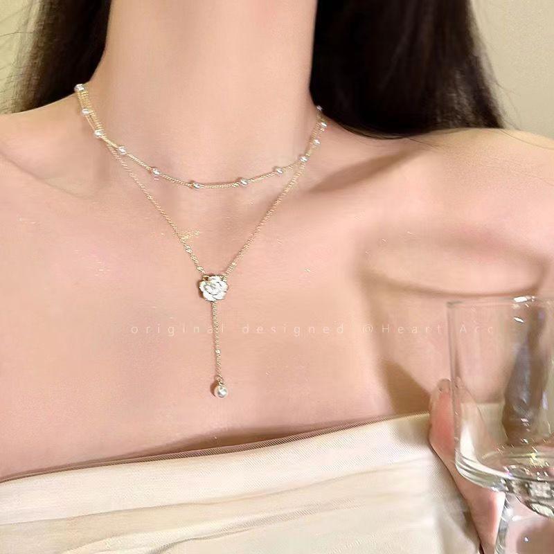 Camellia Double-layer Pearl Necklace Women's Summer Light Luxury High-end Niche Design Neck Chain Temperament Fringed Collarbone Chain