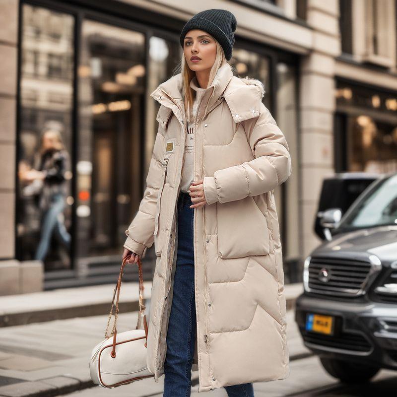 European Station winter new removable hat cotton-padded clothes women's medium and long over-knee thickened down cotton-padded clothes women's coat