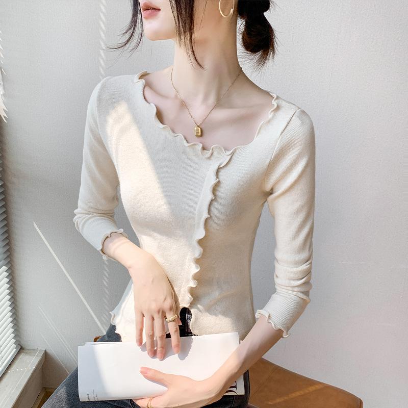 

Топ-свитер женский осенний новый прилегающий тонкий однотонный с воротником-стойкой и отделкой «грибок» One Size абрикосовый