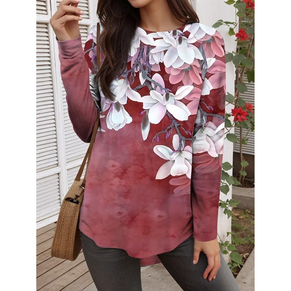 Summer Women's T Shirt Floral Graphic Plants Stylish Casual Long Sleeve T-shirts Round Neck Regular Tops Flower Printed Pullover