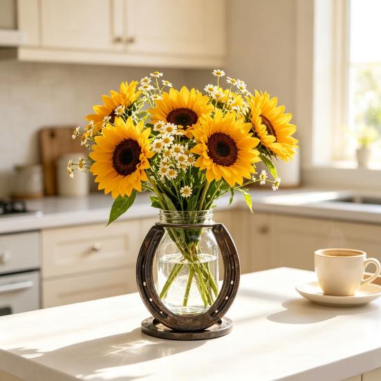 Creative Home Office Ornament Horseshoe Shaped Flower Vase, Rustic Metal Frame with Small Vase for Indoor Plants Clear Glass Jar, Western Farmhouse