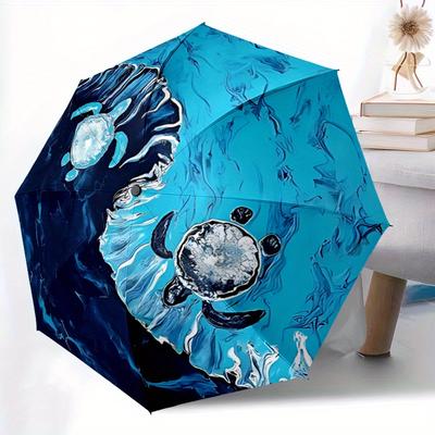 1pc Ocean Waves Automatic Umbrella Auto Open/Close Folding Umbrella with 8 Rib Frame, 3 Fold Compact Umbrella for Men & Women, 134