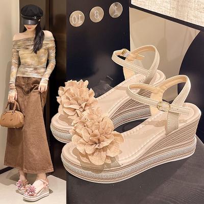 Slope Heel Sandals Female Summer Women Shoes Flower One Word Buckle with Large Size Sandals Youthful Women Summer Shoes Breathable for Hot Weather