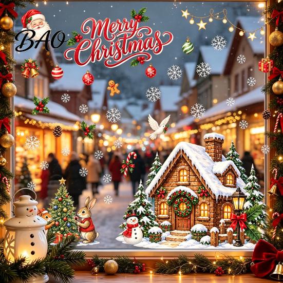 Seasonal Glass Surface Stickers Christmas Window Clings, Snowy Village House Xmas Tree Squirrel Rabbit Outdoor Balcony Sticker, Double-Sided