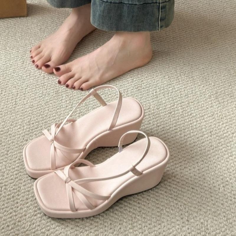 Fashion Platform Heels Summer New Square Toe Open Toe Cross Slim Strap Platform Non-Slip Wear-Resistant Wedge Sandals