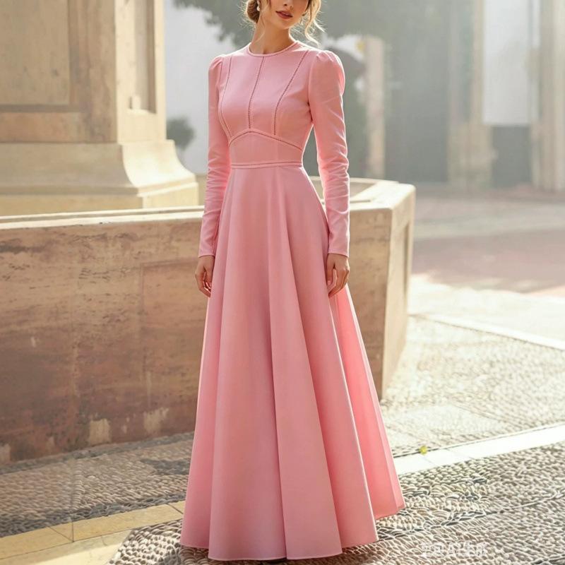 Damen Farb-Langarm-Rundhals-Kleid mit Reißverschluss am Rücken für den Herbst Elegant