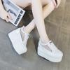 Fashion 12cm Women Summer air mesh Fashion Ins White black Genuine Leather Chunky Sneaker Hollow Breathable Platform Wedge Shoes
