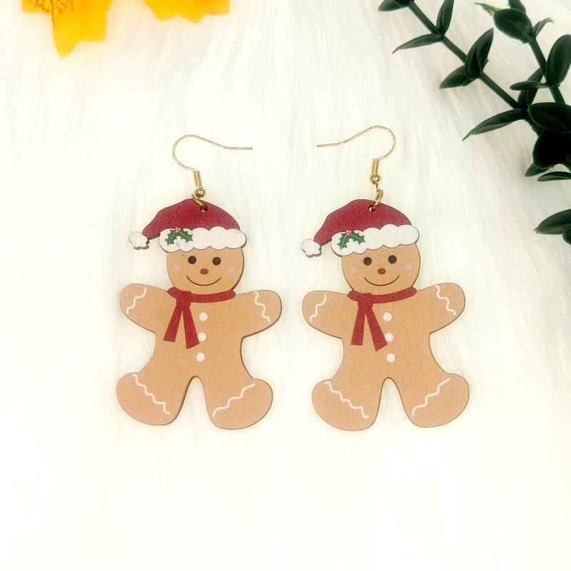 Europäische & Amerikanische Weihnachts-Lebkuchenmann-Cartoon-Ohrringe mit Holzschnitt-Farbdruck