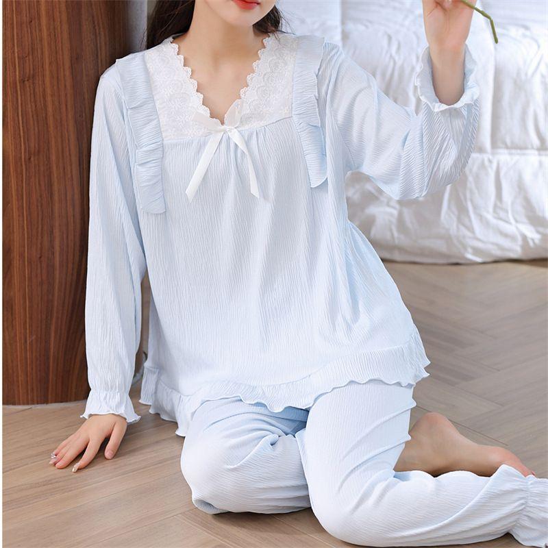

Solid Color Simple Lace Loose Two-Piece Set Minimalist Lace Loose Outfit 342# Blue XXL [63-70kg]]