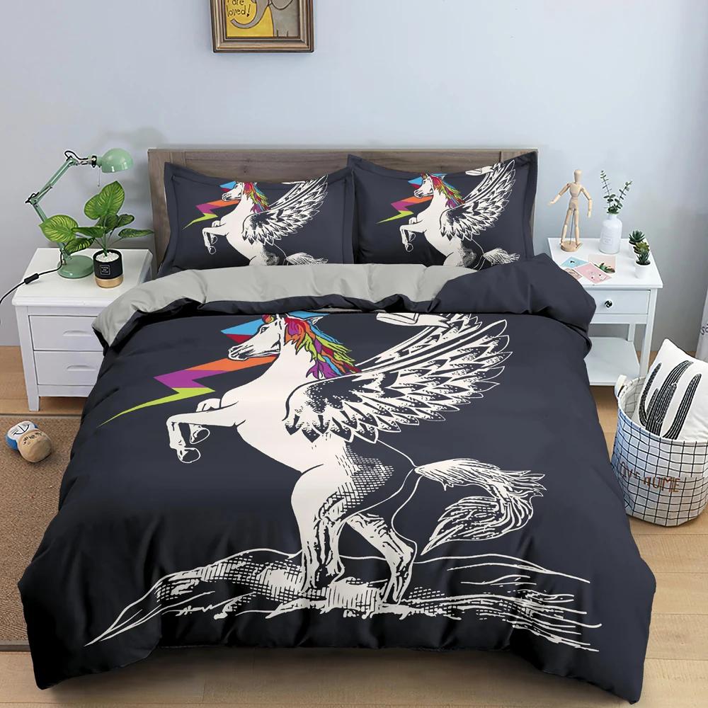 Unicorn Duvet Cover King Queen Cartoon Animal Bedding Set Kids Teens Adults Lovely White Magical Creatures Polyester Quilt Cover