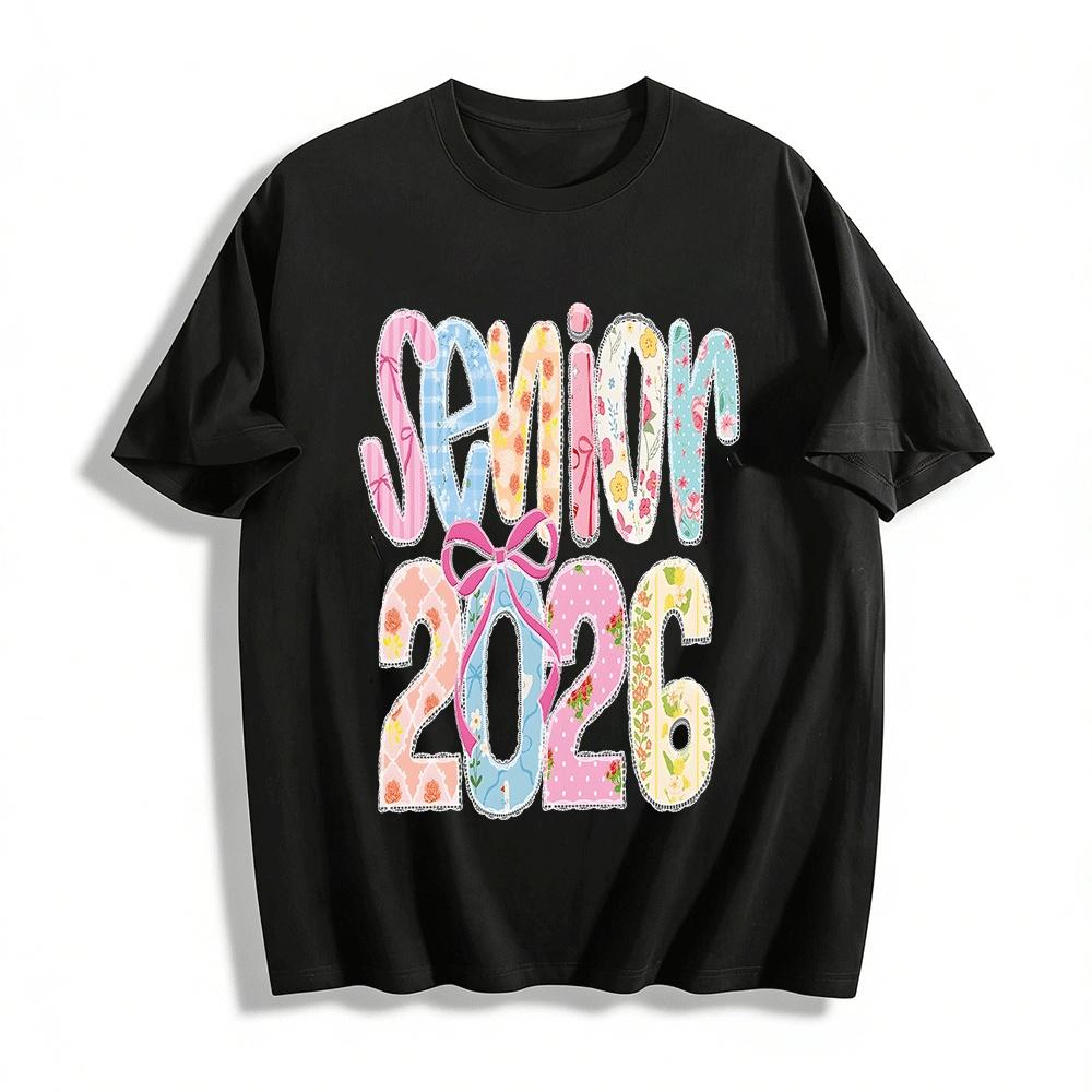 Vintage Floral Senior 2026 Graduation Printed Casual Top Pure cotton T-shirt XXS