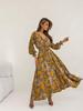 2024 Summer European & American Print V-neck Slit Dress with Long Sleeve & Waist Tie
