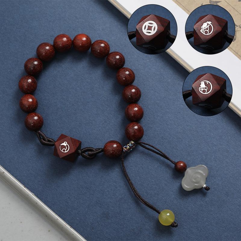 Small-leaf red sandalwood inlaid with silver zodiac three-in-silver six-character proverbs bracelet beaded Taoist bracelet New Chinese ancient style