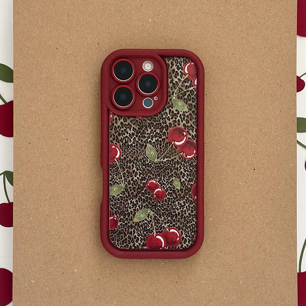 For iPhone 16 Pro Case Cherry Leopard Pattern Shockproof TPU Phone Cover