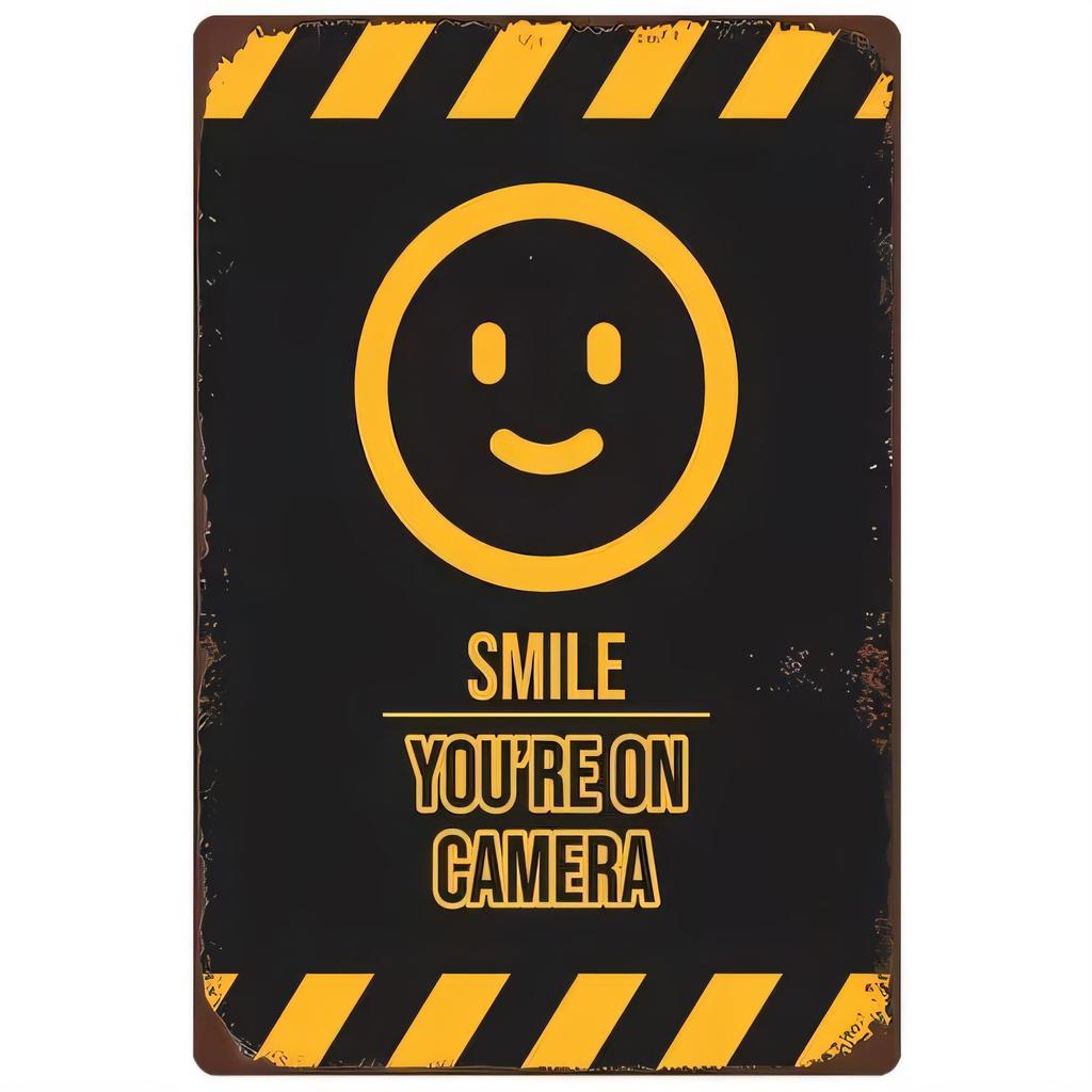Tin Sign Smile Youre On Camera Funny Warning Metal Plaque Retro Style Wall Art Decoration for Home Bar Office Garage Man Cave