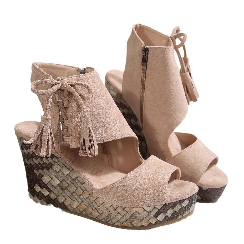 Large size European and American wedge heel sandals 22 spring and summer fringed high heel fish mouth thick sole muffin sole shoes