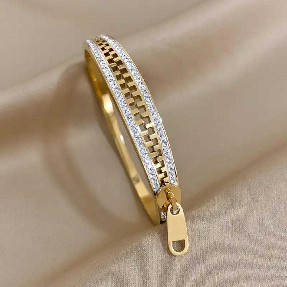 Shiny Zipper Bangle Vintage Zip Titanium Steel Hand Chain Exquisite Crystal Bracelet  Unisex