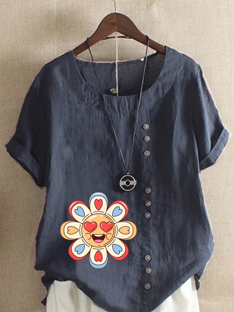 Women's Fashion Love Petal Print Round Neck Short Sleeve T-shirt Casual Cotton Linen Graphic Shirt Leisure Loose Summer Blouse Tops