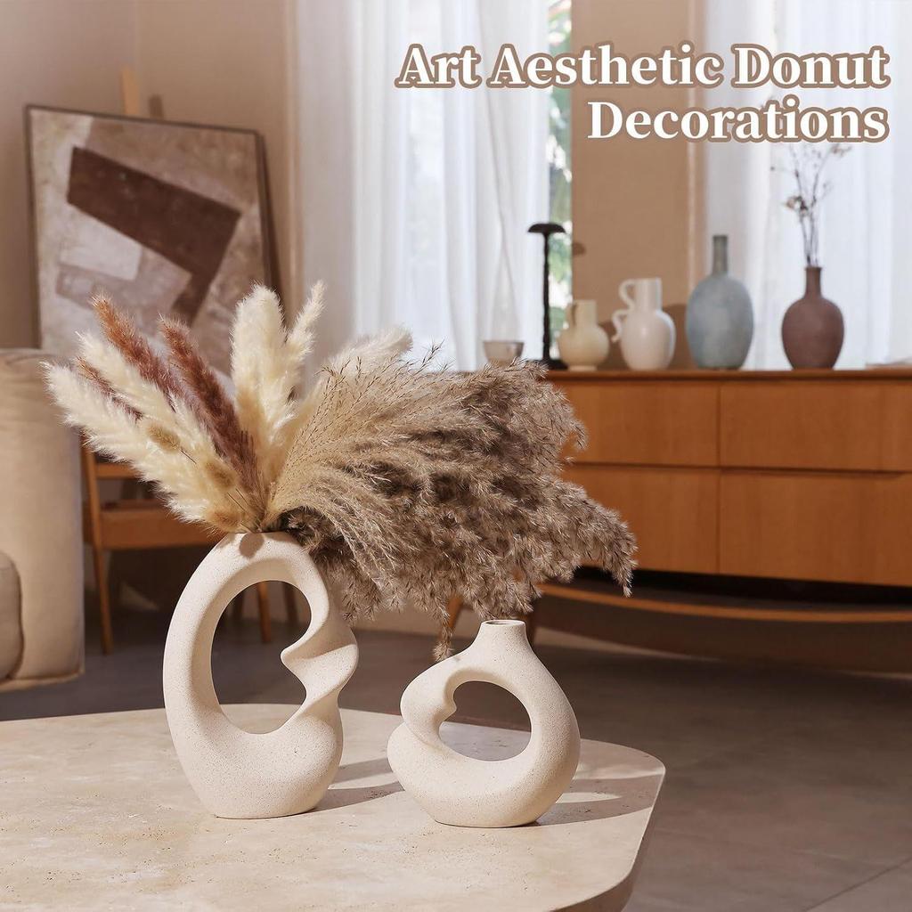 Unique White Ceramic Donut Vase 8.5 & 5.7 Inch - Set of 2 | Decorative Donut Vase for Dried Flowers & Pampas Grass