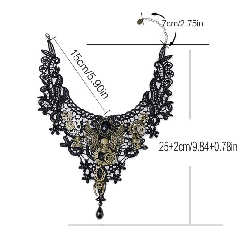 Gothic Lace Floral Choker for Women Choker Handmade Collar with Skull Gears Wing for Bachelorette Party Wedding