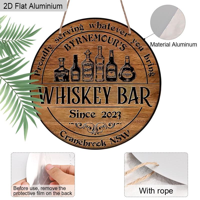 2D Flat Aluminum Whiskey Bar Sign for Home Bar Decor - Rustic Round Metal Plaque - Vintage Man Cave Accessories & Wall Art for Garage, Basement