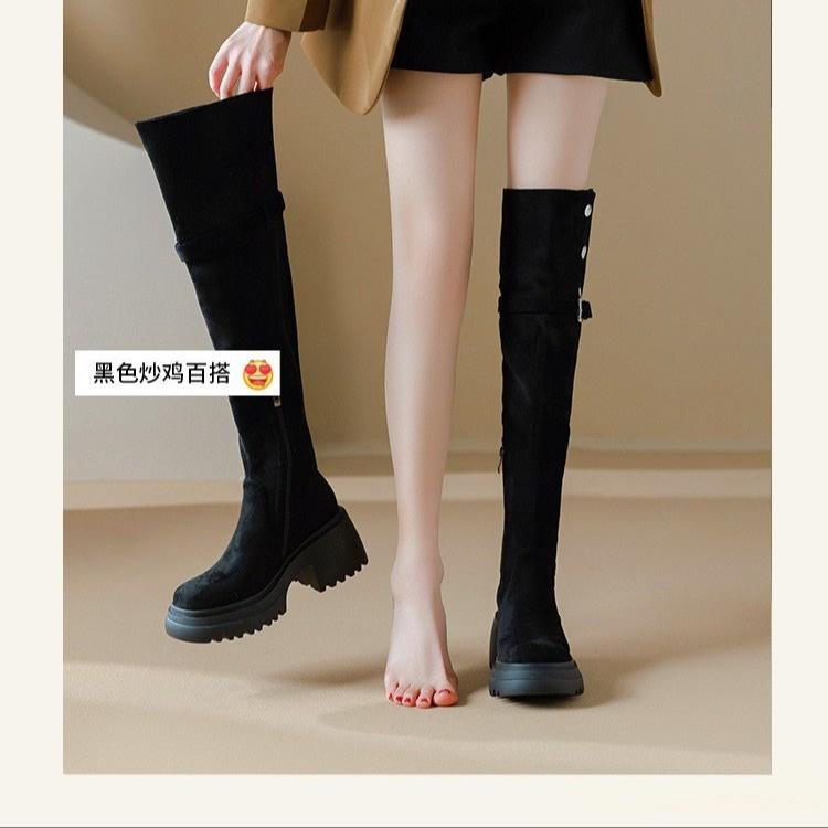 Maillard High-heeled Folded Knee Boots Women's Thick-soled Thick-heeled Heightened Knight Boots Autumn and Winter New Velvet