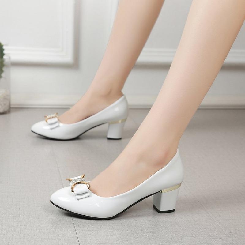 2025 Women's Dress Shoes Patent Leather High Heel Shoes Medium Heel Office Women's  Metal Bow