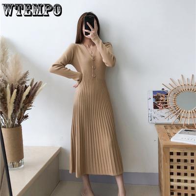 Vestido de Punto para Mujer en Primavera Color Sólido Casual Línea A Largo Vestido Largo de Manga Larga Casual Cuello en V Vestido Suéter