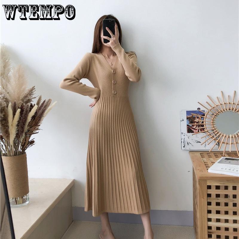 Knitted Dress for Women In Spring Solid Color Casual A-line Long Dress Long-sleeved Casual V-neck Sweater Dress