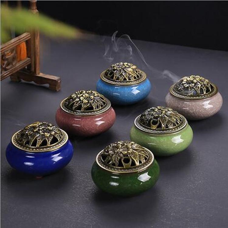 Ice Crack Coil Incense Burner with Fire Cotton Pad 4 Hours Ceramics Incense Cone Censers for Home Decor Ornaments Simple Ashtray 7