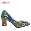 Aphixta 2025 New Pearl Buckle Pointed Toe 3.94 Inch Thin Heels Women Shoes Snake Prints Leather  Leisure Plus Size 46