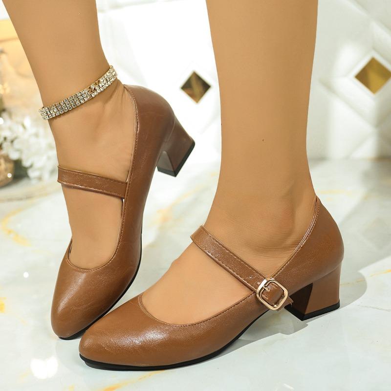 Fashion One Buckle Block Heel Single Shoes Autumn New Round Toe Light Mouth Soft Leather Comfortable Plus Size Work Shoes