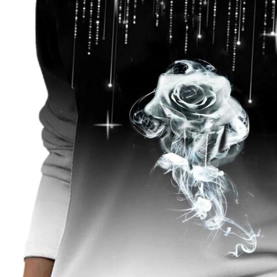 3D Rose Print Gradient Color Women Blouse Long Sleeve Broken Line Rhinestone Autumn Blouse Streetwear