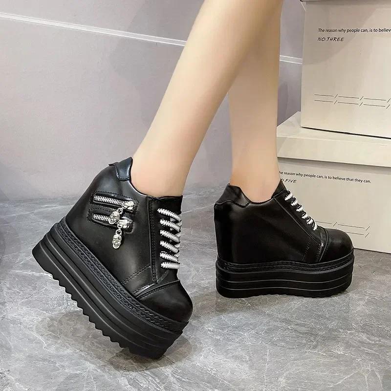 Fashion Fall Women Pumps Vintage Round Toe Wedges Female High Heel Shoes Sexy Nightclub Platformance Increased InternaI 10CM Shoes Black