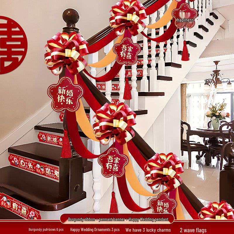 Conjunto de Decoração de Corrimão de Escada de Casamento: Arranjo de Flores Puxáveis, Balões, Corrimão e Escada Rolante