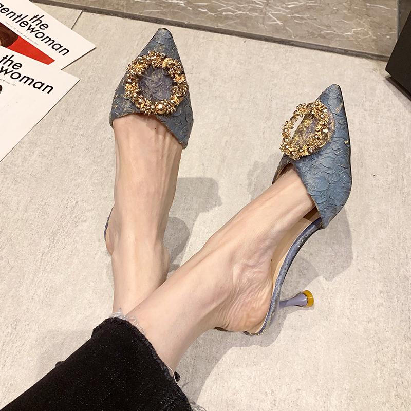 Fashion Luxury Metal Buckle Silk Mules Pump Women Summer Pointy Toe Sexy Twill Sandals Woman Rhinestone High Heel Slippers Women 2025