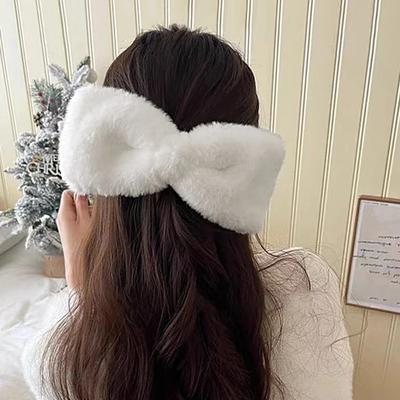 2 Pcs Black Flat Bow Hair Claw Clips for Thick Hair,Strong Grip Fuzzy Cute Hair Accessories Barrettes for Women Girls