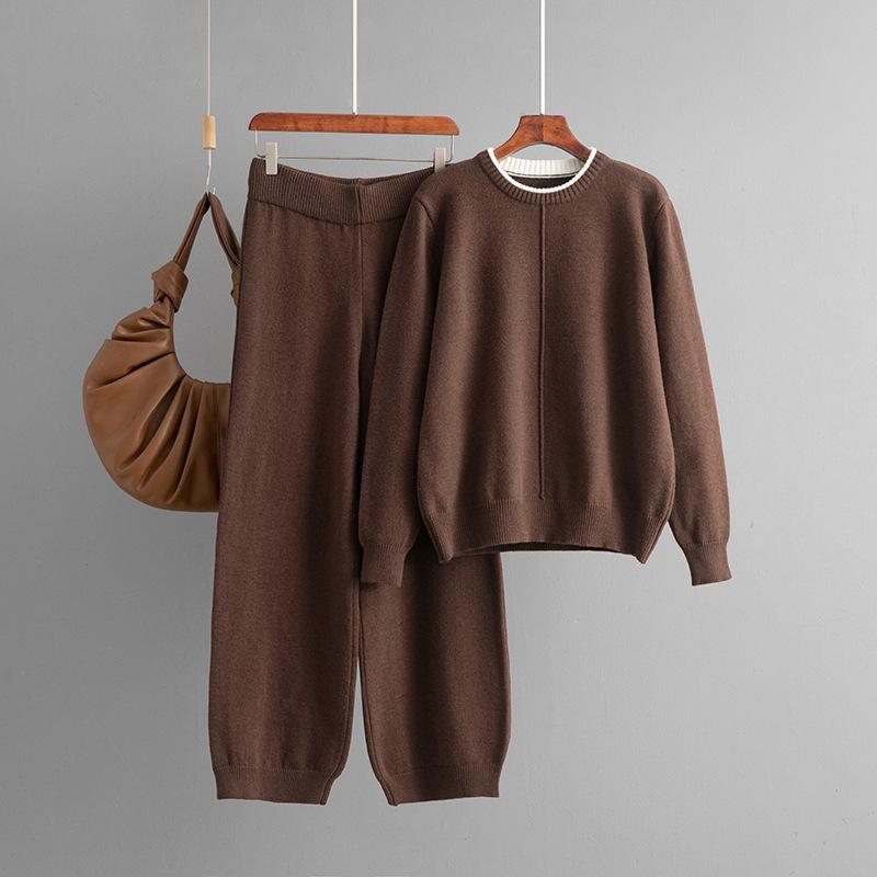A New Solid-color Knitted Loose Sweater and Casual Pants Two-piece Fashion Set for Autumn and Winter