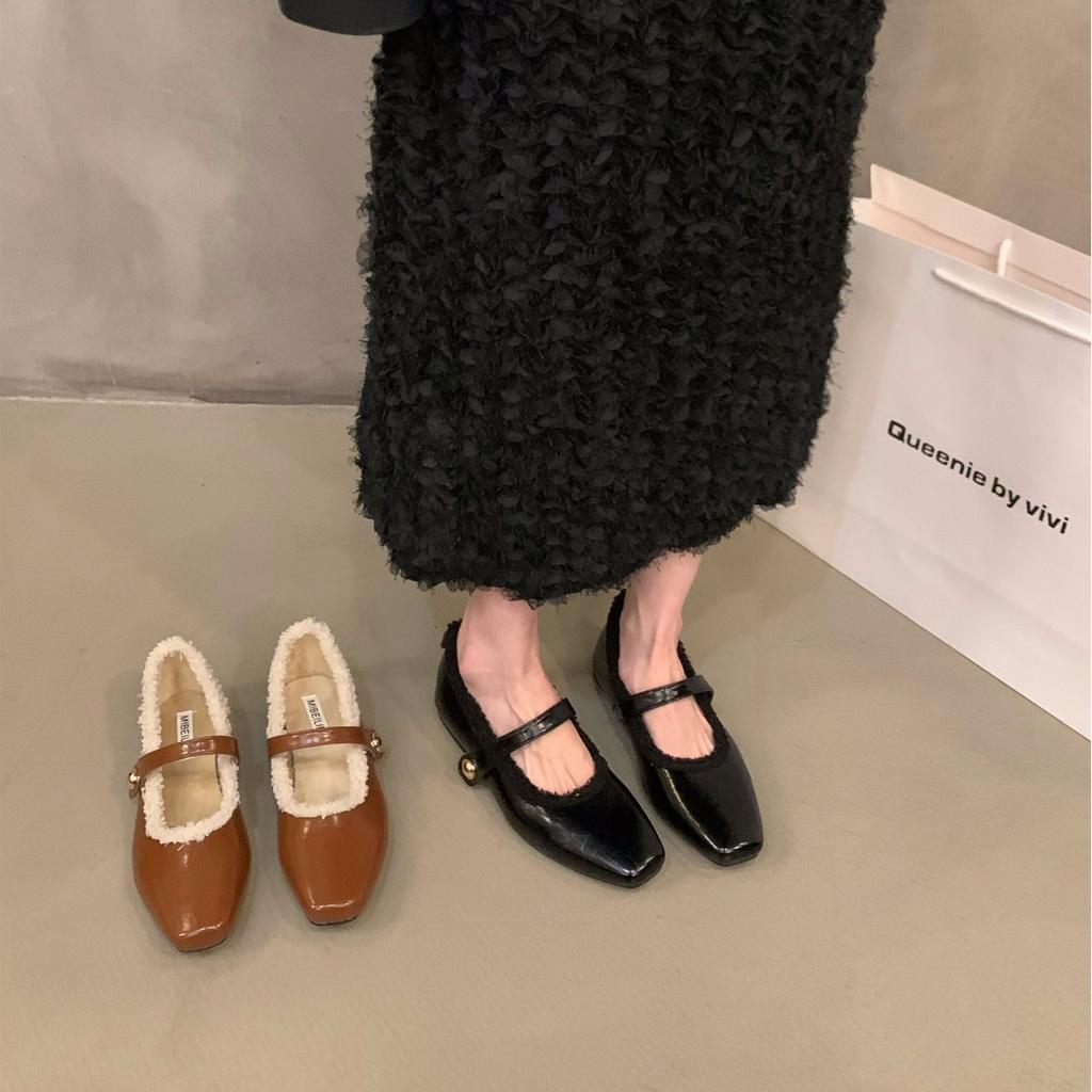 Flat Autumn and Winter Plush Cotton Shoes Single Shoes Women's Shoes 2025 New Square Head Black Mary Jane Evening Shoes
