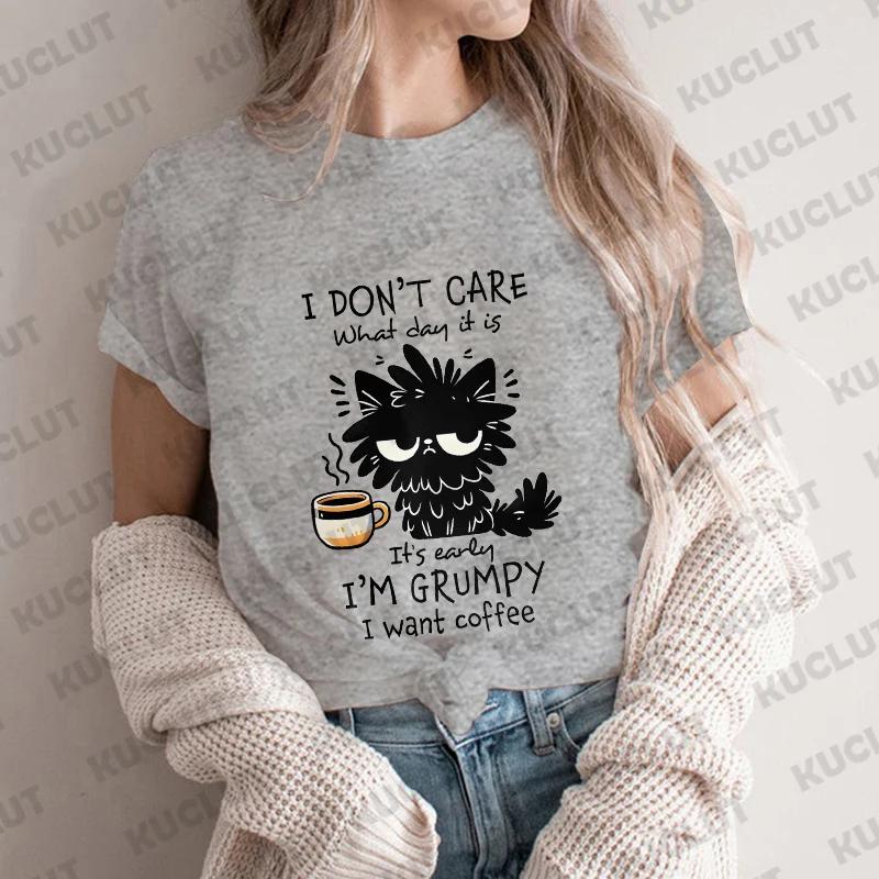 I Want Coffee TShirt Unisex Summer Short Sleeve Y2k Tops Fashion Hip Hop Tees Clothes Black Cat Comfortable Casual T Shirt