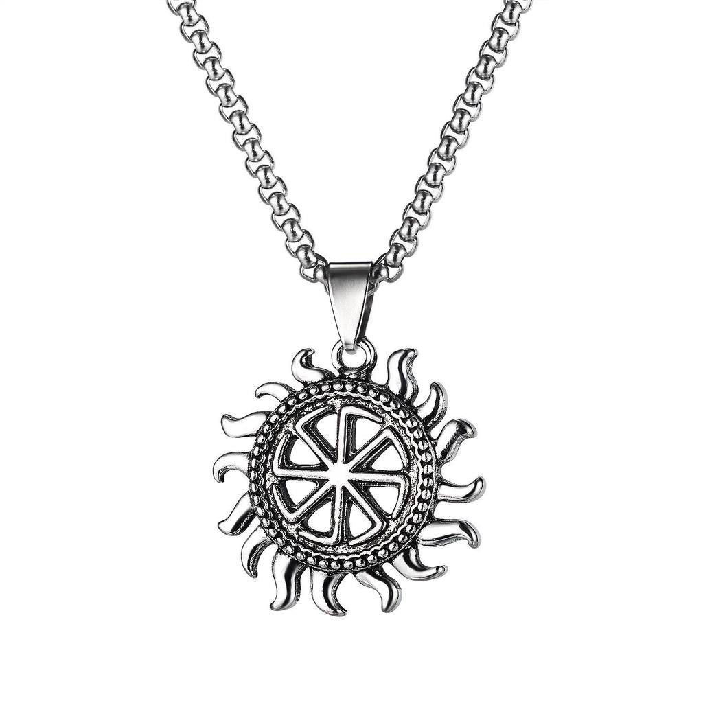 Retro Viking Round Sunflower Pendant Necklace for Men - Titanium Steel