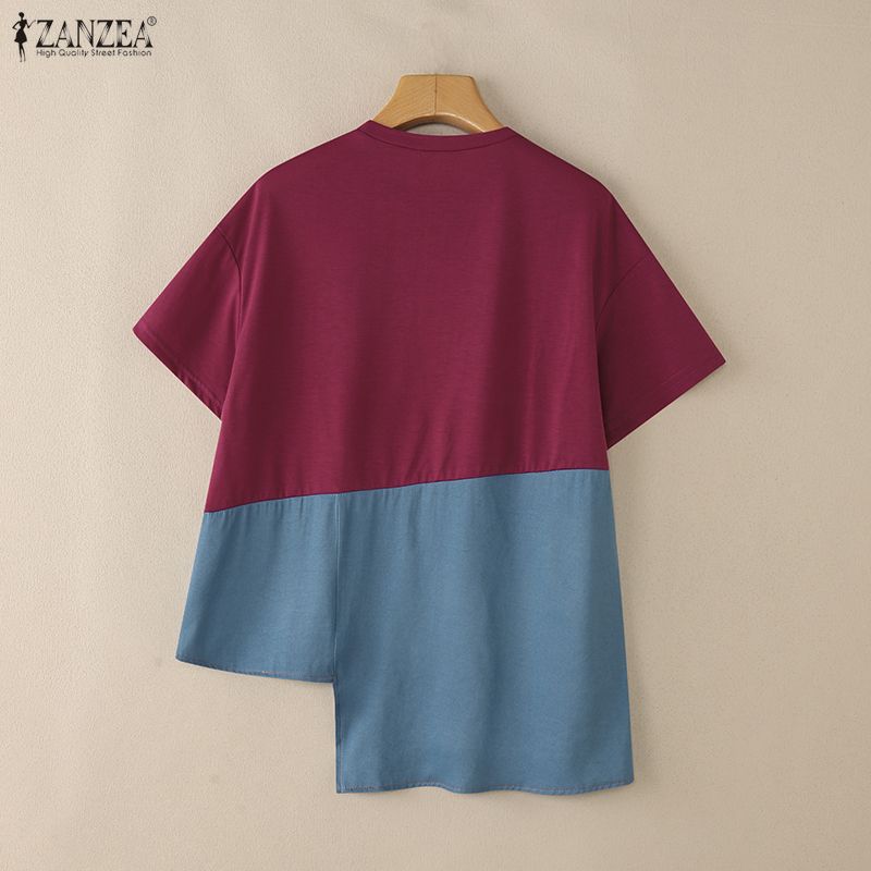 ZANZEA Womens Round Neck Patchwork Short Sleeve Irregular Hem Casual T-Shirts