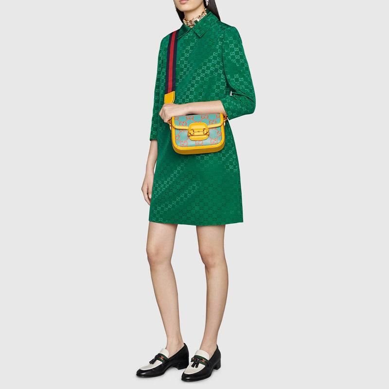 Gucci 1955 Series Vintage Gold Buckle Logo Saddle Bag Leather Crossbody Shoulder Bag Mini Unisex bags Light-Blue Orange 658574-UGMCG-4283